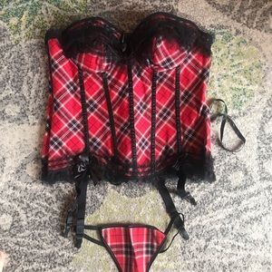 Red plaid black lace trim corset